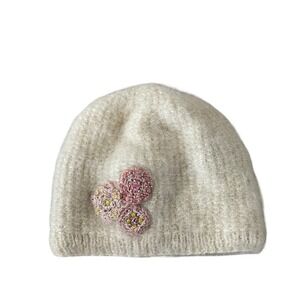 Ivory Wool Blend Fleece Lined Beanie Hat Embroidered Floral Nepal French Knot